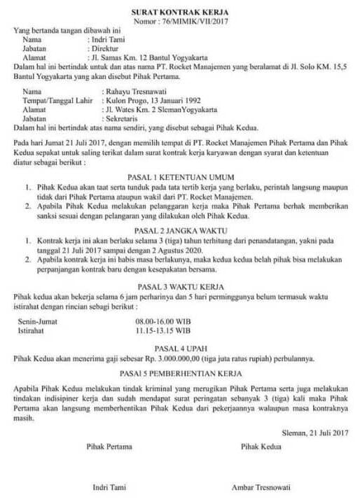 contoh surat kontrak kerja