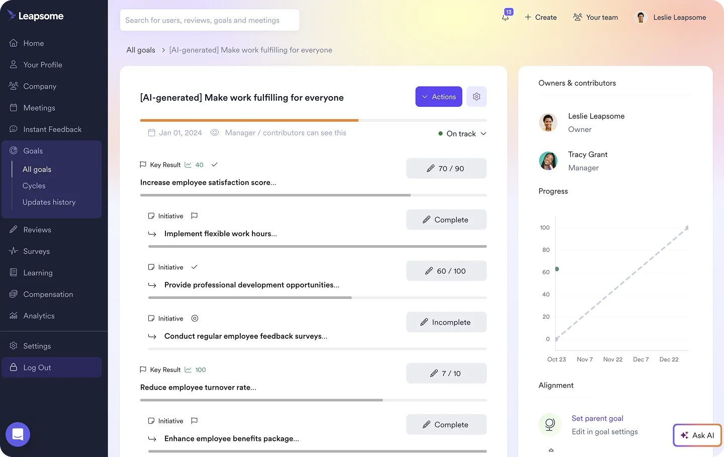leapsome okr software dashboard