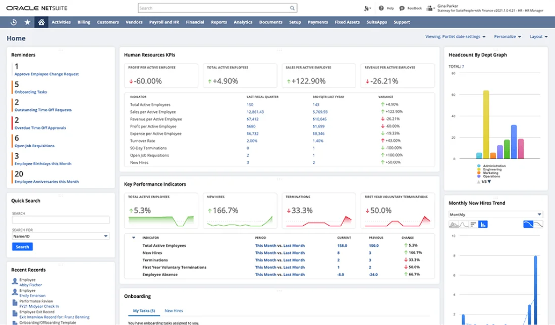 Oracle NetSuite hris cloud dashboard
