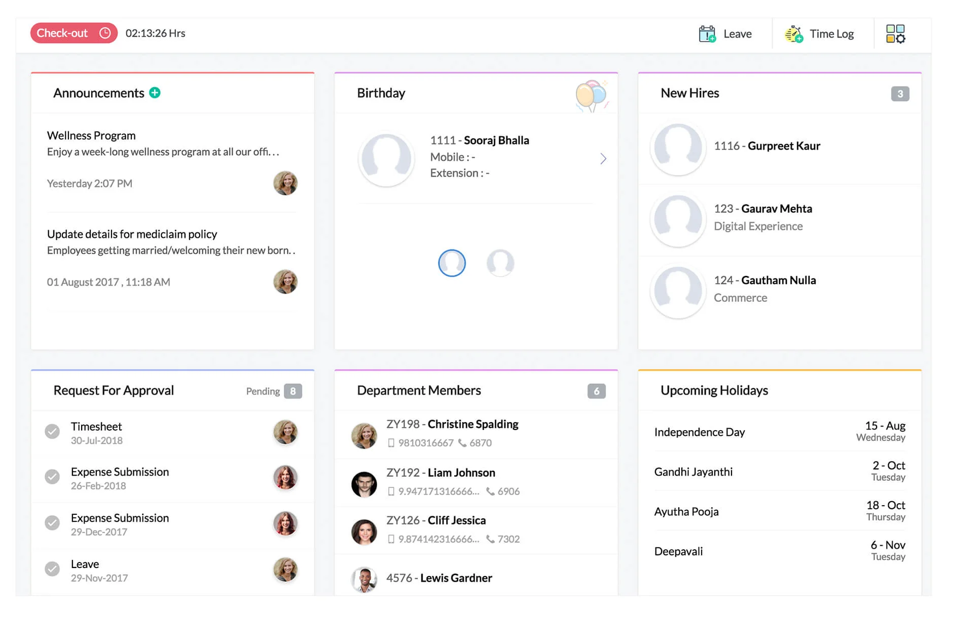 Zoho People dashboard