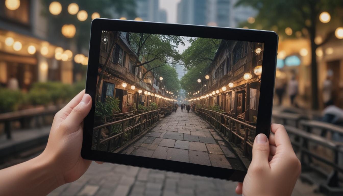 Seorang pekerja konstruksi menggunakan tablet dengan aplikasi Fieldwire untuk menandai lokasi masalah pada denah digital.