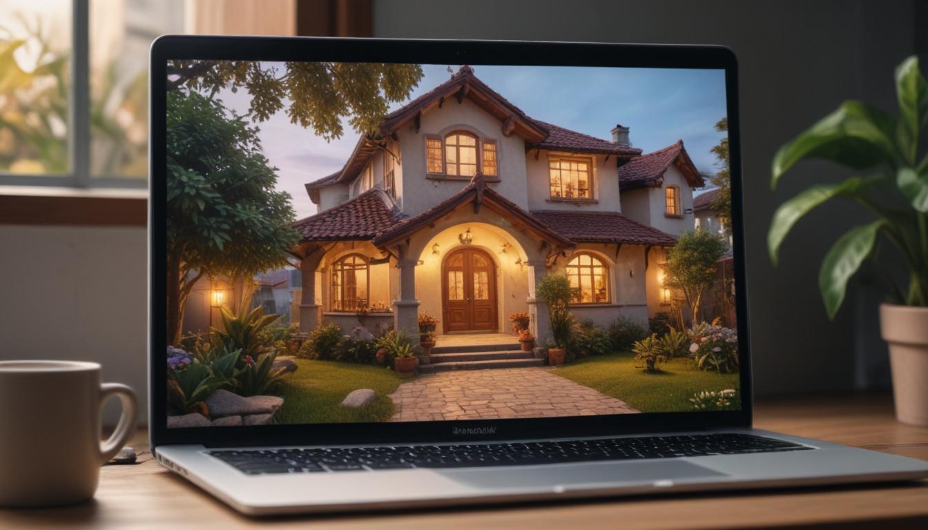 Tampilan portal klien Buildertrend di laptop, menunjukkan progres pembangunan rumah dengan galeri foto dan jadwal.